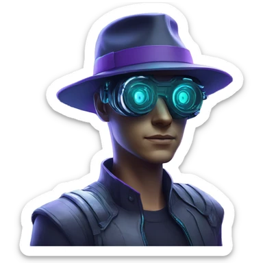 Secret human agent in a hat with  cyberpunk elements in VR googles scanning looking reviewing multicolor lines of code, cyan and purple colors, only upper body portrait sticker