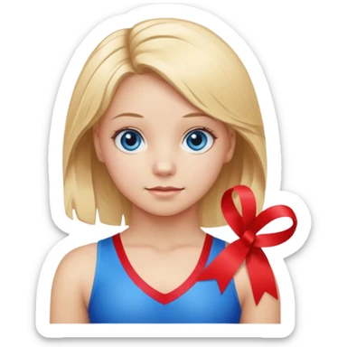girl gymnast with blonde hair and blue eyes, holding a ribbon sticker