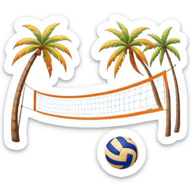 A volleyball resting on the orange sand of a beach, with a volleyball net in the background. The scene captures a sunny beach atmosphere with clear blue sea and sky, palm trees swaying, and people in swimsuits enjoying the vibrant surroundings sticker