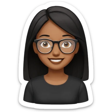 Cor da pele parda óculos um pouco quadrado cabelos longos e preto roupas blusinhas de manga curta sticker
