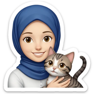White girl wearing dark blue hijab with white shirt smiling while holding a black grey brown stripes tabby cat sticker
