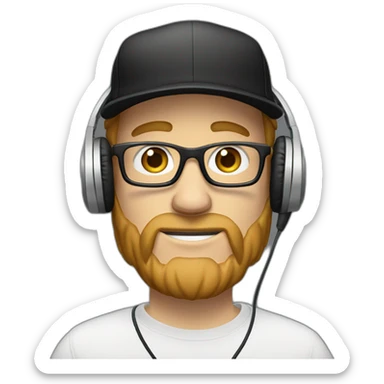 scruffy white man in a backwards baseball black hat and rectangle glasses wearing headphones with microphone - light brown hair sticker