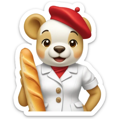 parisien style white pooh (female), with red beret on head and baguette in arms, and with eiffel tower in the background sticker