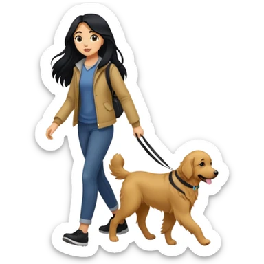 A girl with long black hair walking a black golden retriever sticker