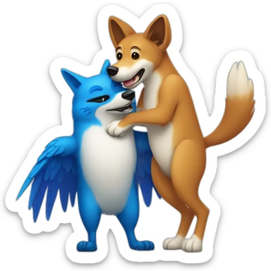 Anthropomorphic dingo giving an anthropomorphic blue bird a hug sticker