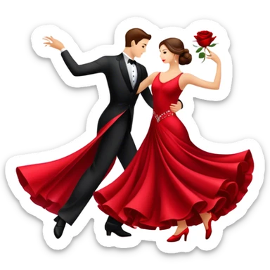 humanless Icon for Ballroom Dancing: a pair of ballroom dance shoes, a rose, a dance floor, a flowing, voluminous ballroom dress in motion, and a shining spotlight. The icon should represent the elegance and atmosphere of ballroom dancing, focusing on the attire and setting. Transparent background. sticker