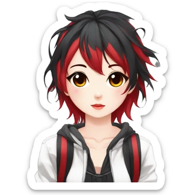 Gorgeous anime style shojo character with blushing face aesthetic and pretty edgy black red punk hair with hair garment trending style sticker