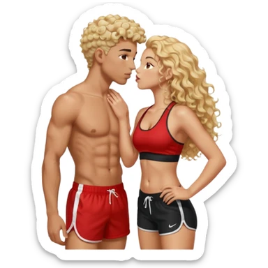 athletic man, high top fade, blonde curly hair only top only, no shirt and Athletic girl with long light red wavy long hair and black sports, Put them together kissing, or holding hands sticker