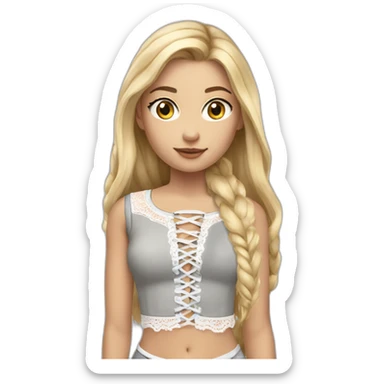 realistic nordic woman, long straight blonde hair, white lace up crop top, grey mini skirt, body sticker