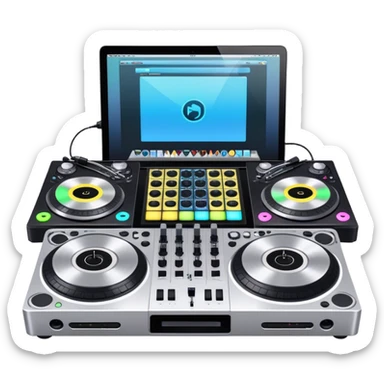 Create a professional and technical emoji that represents remixing music. The design should feature a high-end DJ controller, turntables with vinyl records, and a sound mixing console with faders to symbolize the technical aspects of remixing. Include elements like studio headphones and a laptop or digital audio workstation (DAW) screen to reflect the tools used in music production. Use colors like black, silver, and neon accents to convey the professional, high-tech nature of remixing. The background should be transparent. sticker