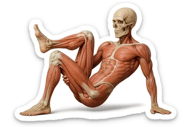 CORPO UMANO ANATOMICO REALISTICO CHE SVOLGE UN ESERCIZIO DI MOBILITà ALLE ANCHE, iperrealistico 4k sticker