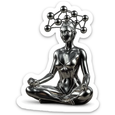 metallic chrome figure of a woman meditating, serene, with several chrome balls forming a net above her head sticker