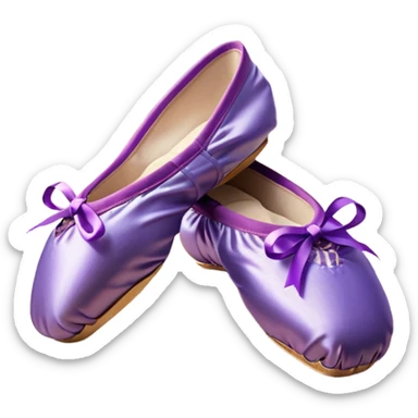 cinematic-realistic-ballet-shoes,-soft-satin-purple-pointe-shoes-with-delicate-ribbons,-resting-gently-on-a-polished-wooden-floor,-subtle-creases-in-the-fabric,-glowing-under-the-warm-golden-light-of-a-rehearsal-studio,-evoking-ele sticker