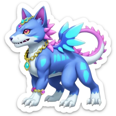 Colorful neon glowing abyssal garurumon-purloin-feline-Fakemon-Digimon-creature wearing a cool casual fashionable aesthetic clothes and accessories and jewelries and apparels fursona (full body)  sticker