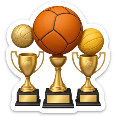 a basketball, soccer ball, volleyball, and a football all mixed with one trophy sticker
