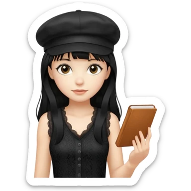 pinterst girl with heavy bang, black long hair and black color newsboy cap on her hat, wearing black color lace sleeveless  sticker