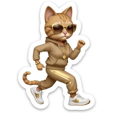 friendly anthropomorphised female cat in hip-hop Run DMC clothing, dark sunglasses, gold chains, jogging upright sticker