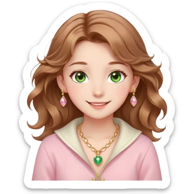 Anime-style cute girl with natural wavy light brown hair, green eyes, gentle blush on cheeks, small golden jewelry, wearing pink and white clothes, smiling happily. Magical and playful vibe sticker