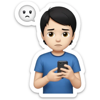un niño de entre 3 - 10 años jugando con su celular, cansado en una habitacion apagada, el niño tiene piel blanca y cabello negro (hombre)

 sticker