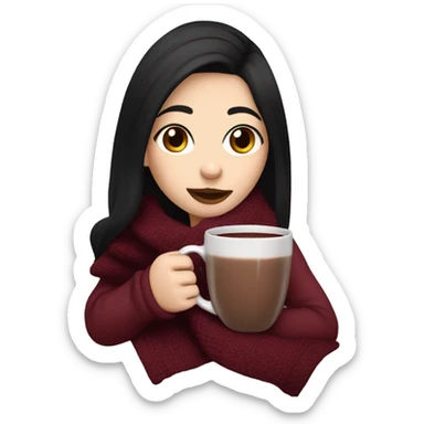 girl with black hair sipping on a mug of hot chocolate, pale skin, a burgundy blanket wrapped around her shoulders sticker