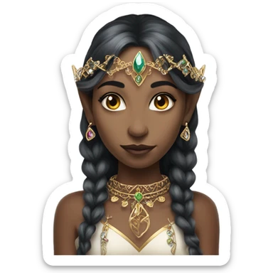 european elf princess with pointy ears, dark hair with jewellery,  sticker