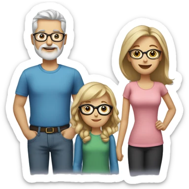 family photo of mom with gray hair and glasses, dad with blonde hair, blonde beard and glasses, daughter with brown hair, daughter with brown hair sticker