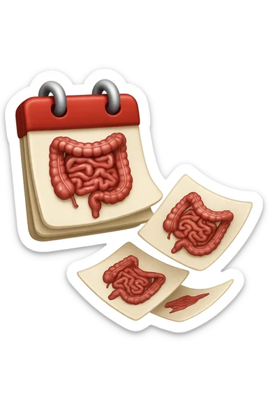 emoji stile iphone di un calendario con fogli che volano insieme, sui fogli ci sono disegnati degli intestini anatomici, iperrealistico 4k, isolato su sfondo bianco sticker