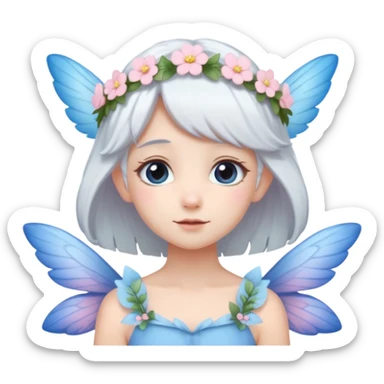 A shy white hair fairy with soft blue wings with flower smallcrown sticker