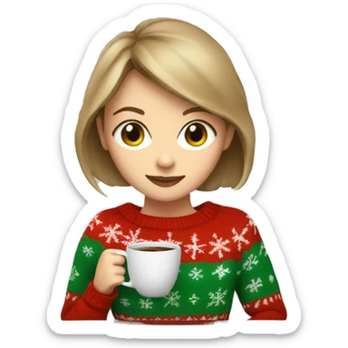 Light brown short haired girl with green eyes drinking coffee wearing red Christmas sweater sticker