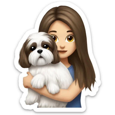 Girl Brunette  long hair, hugging her white Shih tzu sticker