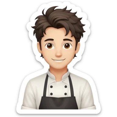 Attractive chef boyfriend with messy dark apron, tousled hair, playful smile, romantic sticker