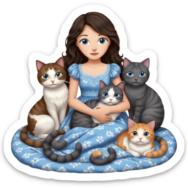 detailed realistic looking a dark grey and white cat regally laying with six other cats, cuddling with their owner in bed who is a pretty bratz lightly tanned white girl with long dark brown hair, blue eyes and gorgeous long wavy hair wearing a pretty detailed dress sticker