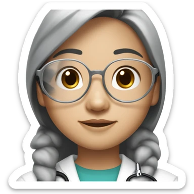 Asian girl, with white skin tone, black hair, wearing silver round harry potter glasses and a white scrub and a stethoscope  sticker
