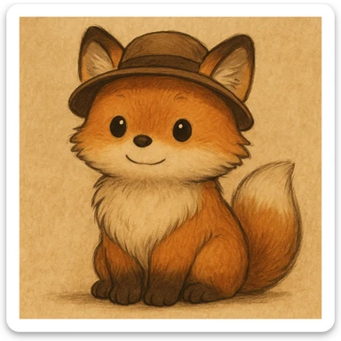 A cute, fluffy fox with a round head in the style of Studio Ghibli, wearing a hat. sticker
