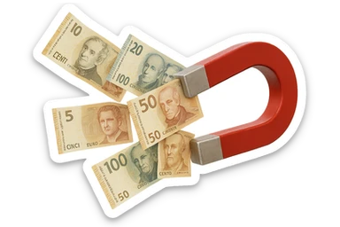 cinque banconote fluttuano in aria attratte da una calamita rossa, iperrealistica 4k, isolato su sfondo bianco sticker