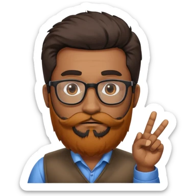 Indian software developer with beards and specs, with few white hairs in mostly black beard and hair. Hair fluffy and back brushed. Mustache pointing down and beard not neatly done sticker