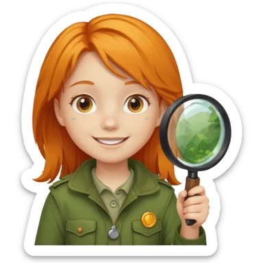 braid orange haired girl kid in moss green explorer outfit, holding magnifying glass, smile sticker