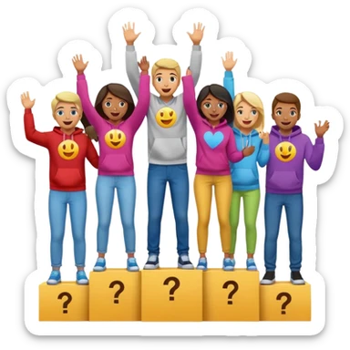 multi-racial men and women standing on an un-numbered winners’ podium with the middle podium position elevated, casually dressed in fun, colorful jeans, t-shirts, and hoodies, excited, fun, expressive emoji style sticker