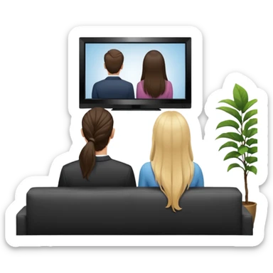 A man and a women long hir  photographed from behind, sitting on a sofa and watching the news on TV on a modern flat screen. The setting is a living room. sticker