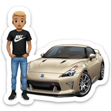 Grunge-style analog photo, London 2025, person inspired by the new reference image in model pose in front of a Nissan GT 86, black t-shirt, jeans, Nike Air Jordan low, using flash, analog grain, city night, 1/8. sticker