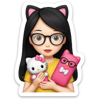 Nails cute with hello kitty wear glasses black long  hair, wear yellow shirt , red nails , big hello kitty sticker