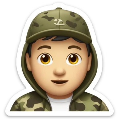 A boy with short hair, a hoodie, a baseball cap hat on that's camo, a little chubby sticker