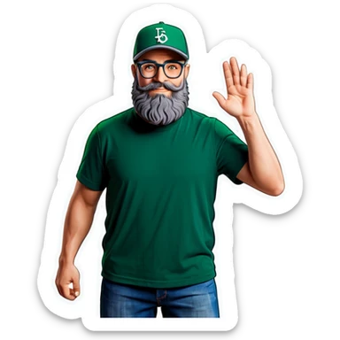 A bold man with a grey baseball cap, green eyes, big beard and glasses, waving  sticker