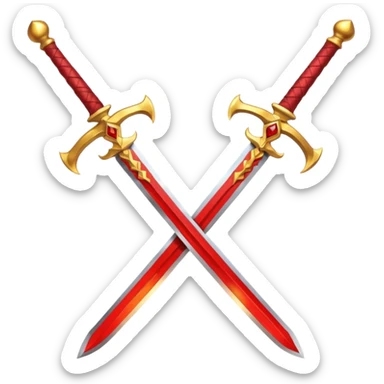 Two crossed swords that are golden in blade and handle and have fiery and royal appearence to them as well as red gem stones yellow in color sticker