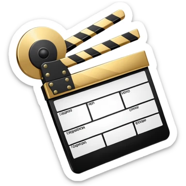 cartoon movie clapper, simple design with gold top part and white bottom part, black diagonal stripe sticker