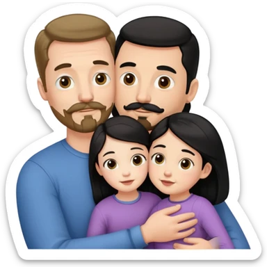 Tall white man with brown mustache and goatee hugging a short pale woman with long black hair holding daughter sticker