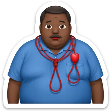 an extremely obese man with extremely dark skin and giant red lips wearing a blue-and-gray shirt and a noose around his neck sticker