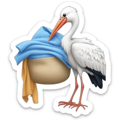 White stork carrying a blue bundle of cloth in its beak that has a human baby with and the human baby head is peeking from the fabric bundle the strok is carrying with its beak sticker