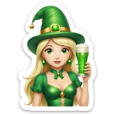 Blonde haired pretty woman in glittery green bell bottoms and tall leprechaun hat holding a green beer sticker