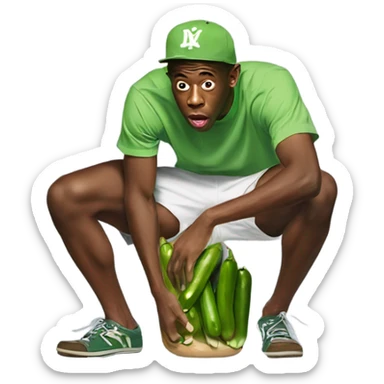 Tyler the creator grappling a pickle in between his legs while squatting sticker